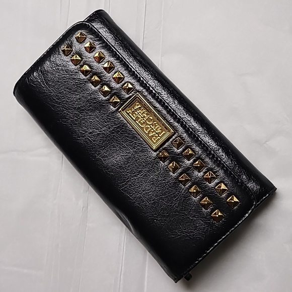 NWT Badgley Mischka Black Leather Gold Studded Wallet Clutch Ann Shine 7.5"x4" - Picture 16 of 16